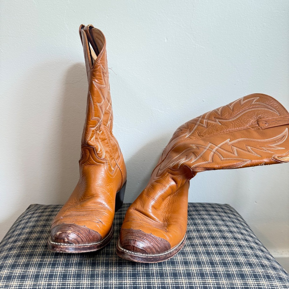 Dan Post Vintage Lizard Toe Stitch Cognac Leather Western Boots Size 9D Brown - Picture 2 of 8